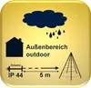 An illustration showing a house under a rain cloud, with text indicating 'Außenbereich outdoor', an adapter with 'IP 44' rating, a distance of '5 m', and a conical antenna. Produktbild-Vorschau