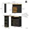 Diagrams and measurements of a black and wood-colored bar table with a sideboard. Produktbild-Vorschau