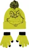 A green Grinch-themed beanie hat with a pom-pom and a pair of matching gloves are displayed against a white background. Podgląd zdjęcia produktu