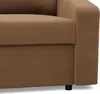 Close-up view of the side and bottom of a brown sofa. Produktbild-Vorschau