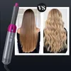 A hair styling tool is shown next to a split image comparing straight hair to wavy hair, implying the tool can achieve both styles. Produktbild-Vorschau
