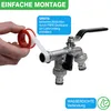 A hand is shown wrapping PTFE tape around a plumbing fitting, with a faucet assembly in the background. Text overlays highlight features. Produktbild-Vorschau