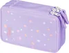 A purple pencil case with polka dots and multiple zippers.
