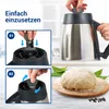 An instructional image showing how to use a kitchen appliance accessory, with a close-up of dough in the background. Produktbild-Vorschau
