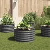 Four raised garden beds filled with plants are arranged on a grassy lawn in front of a wooden fence. Náhled obrázku produktu