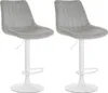 Two gray bar stools with white bases and stems are shown against a white background.