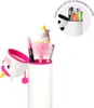 A cute unicorn pencil case is shown with pens inside, and a smaller inset image shows more pens in a holder. Produktbild-Vorschau