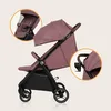 A side view of a rose-colored baby stroller with close-up insets showing the canopy and a cup holder. Produktbild-Vorschau