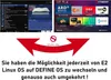 A collage of screenshots from two different operating systems on a satellite receiver, with a graphic indicating dual OS capability and text explaining the switching feature. Náhled obrázku produktu