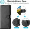 A black leather flip phone case is shown, with close-up details of its magnetic clasp and stitching. Text highlights the magnetic closing feature and its convenience. Produktbild-Vorschau