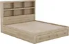 A kingsize platform bed with a bookcase headboard and storage drawers. Produktbild-Vorschau