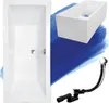 A white bathtub with a drain assembly and a white rectangular frame, set against a blue background. Produktbild-Vorschau