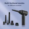 A black air duster with multiple attachments is displayed against a light blue gradient background, with text highlighting its multi-functional nozzles. Náhled obrázku produktu