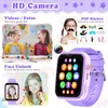 Collage of images showcasing a children's smartwatch with various features like camera, face unlock, and stickers. Produktbild-Vorschau