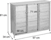 A three-door bamboo cabinet with dimensions indicated by measurement lines and text. Produktbild-Vorschau
