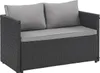 A black polyrattan sofa with gray cushions is shown against a white background. Produktbild-Vorschau