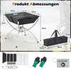 A camping grill with dimensions shown, a carrying bag, and a pair of gloves, set against a blurred outdoor background with a person in the distance. Produktbild-Vorschau