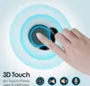 A hand is touching a touch-sensitive button on a device, with glowing blue rings emanating from it, suggesting a touch interface. Below are icons representing playback, volume, and microphone functions. Produktbild-Vorschau