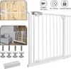 A collage of images showing a white baby gate and its components, along with examples of its use and installation. Voir les images du produit