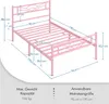 A pink metal bed frame with dimensions and specifications shown. Produktbild-Vorschau