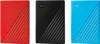 Three Western Digital My Passport external hard drives in red, black, and blue. Voir les images du produit