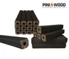 Several hardwood briquettes are stacked and arranged on a white background, with a logo and text in the upper right corner. Produktbild-Vorschau