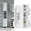 A white high-gloss bathroom cabinet shown in a split image. One side shows the cabinet in a bathroom setting, and the other side shows a close-up of the cabinet with one door open. Náhľad obrázku produktu
