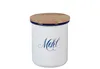A white enamel canister with a wooden lid, labeled 'Mehl' in blue script. Produktbild-Vorschau