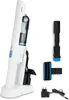 A white MEDION hand vacuum cleaner is shown in its charging station, along with various attachments and a power adapter, all set against a white background. Produktbild-Vorschau