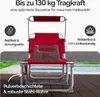 A red folding chair with a weight placed on it, set against a blurred background of a pool and wooden decking. Produktbild-Vorschau