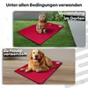 A split image showing a cat on a red mat in a garden and a dog on a red mat indoors. Produktbild-Vorschau