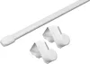 A white adjustable curtain rod with two white window hooks on a white background. Produktbild-Vorschau