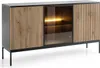 A modern sideboard with slatted wood doors and a glass-fronted cabinet with LED lighting. Produktbild-Vorschau