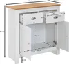 A white sideboard with a wooden top, shown with its doors and drawers open, displaying dimensions. Voir les images du produit