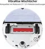 The underside of a white robot vacuum cleaner with a red brush and a light blue mop attachment. Produktbild-Vorschau