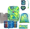 A collection of school supplies including a backpack, pencil case, and drawstring bag, all with a neon monster theme. Produktbild-Vorschau
