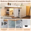 A collage of images showing a modern white and wood-effect sideboard with various details highlighted. Voir les images du produit