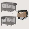 A collage showing a baby travel cot with an organizer attached, and a close-up of the organizer filled with baby items. Produktbild-Vorschau