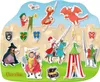 A collection of stickers depicting a medieval fantasy scene with knights, a dragon, a witch, a tent, and a castle wall. Produktbild-Vorschau