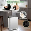 A kitchen scene featuring a dual-compartment stainless steel trash can with various features highlighted by circular insets and text. Produktbild-Vorschau