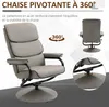 A gray swivel chair is shown from multiple angles, with close-ups highlighting its features and a graphic indicating 360-degree rotation. Produktbild-Vorschau