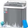 A gray portable cooler box with a white handle and trim, shown with ice cubes, a cup of slushy, and blue ice packs. Produktbild-Vorschau