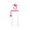 A white unicorn-shaped pencil case with pink and yellow accents is shown against a white background. Produktbild-Vorschau