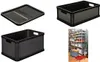 A collage of images showing a black storage box with a lid, a black storage box without a lid, and a shelving unit filled with various storage containers. Náhled obrázku produktu