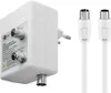 A white antenna amplifier with two coaxial connectors and a power plug, shown next to two white coaxial cables. Anteprima dell’immagine prodotto