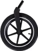 A close-up of a black bicycle wheel with a white stripe on the rim, attached to a black fork. Produktbild-Vorschau