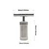 A silver pollen press tool with dimensions indicated by text overlays. Produktbild-Vorschau