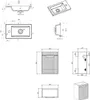 Technical drawings and diagrams of a bathroom vanity set, including dimensions and different views. Produktbild-Vorschau