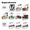 A collage showing various accessories and parts of a kitchen machine, with text in Polish describing them. Podgląd zdjęcia produktu