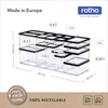 A collection of clear plastic food storage containers with black lids, arranged in a group and showing dimensions. Produktbild-Vorschau